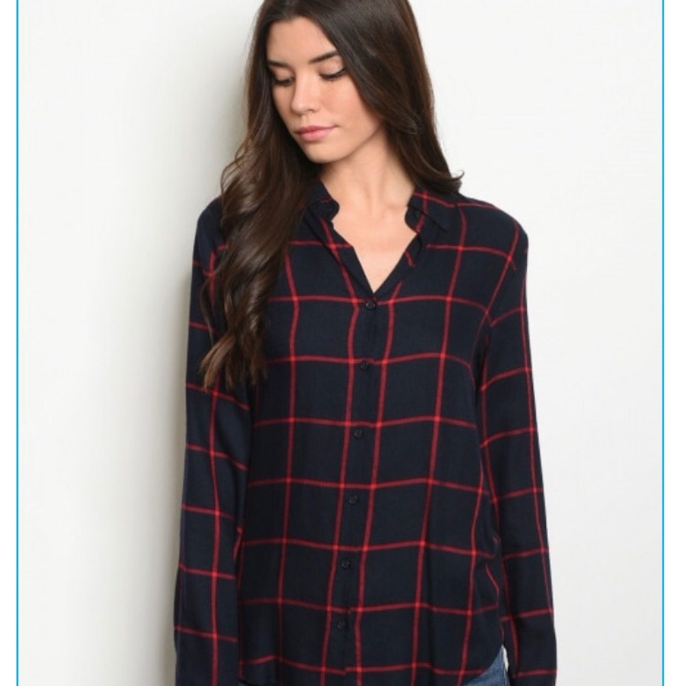 Navy & Red Long Sleeve Checkered Top - Picture 3 of 6